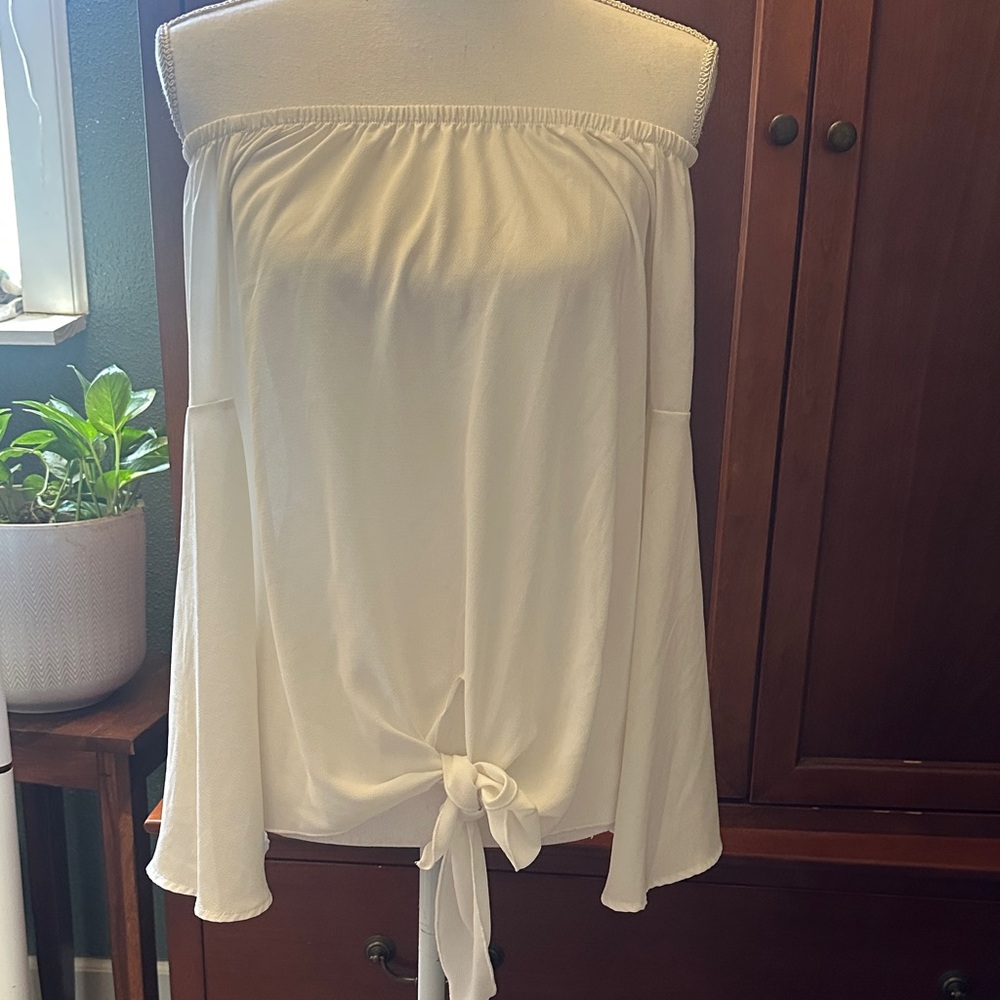 Vici Off-Shoulder Cream Blouse with Tie-Front